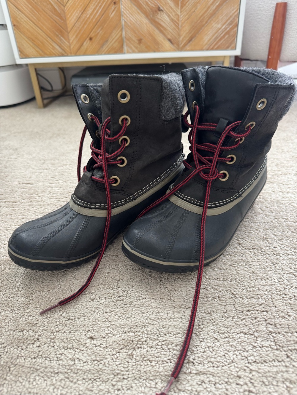 Sorel Gray Winter Lace-Up Boots with Red Accent Laces